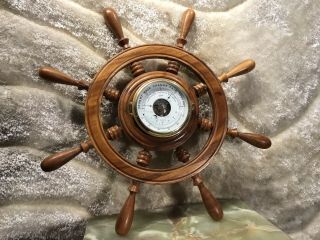 LARGE VINTAGE SCHATZ GERMANY BRASS WALL SHIP’S BAROMETER IN WOOD SHIP’S WHEEL 8