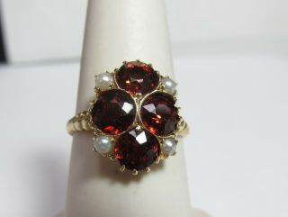 Vintage 14k Solid Gold Ring With Natural Garnets And Pearls
