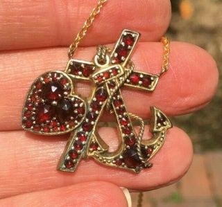 Antique Victorian Love Hope And Charity Bohemian Garnet Pendant Necklace Faith