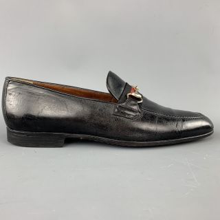 Gucci Vintage Size 10.  5 Black Leather Striped Webbing Horsebit Loafers