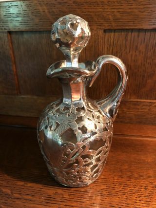 Sterling Silver Art Nouveau Victorian Overlay Glass Decanter