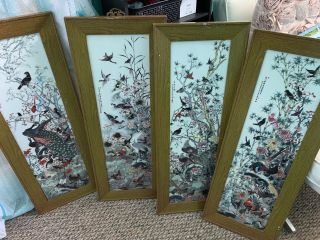 Set 4 Vintage Chinese Birds Flowers Porcelain Wall Plaques Signed