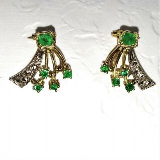 Vtg 18 Kt Yellow And White Gold Emerald Earrings