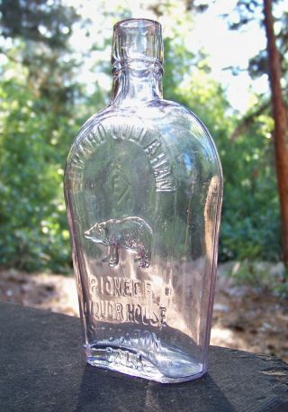 Antique Edward Oullahan Bear Picture Flask Western Whiskey Bottle