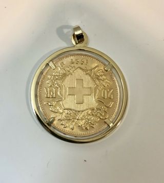 Vintage 1927 Swiss 22K Yellow Gold Helvetia 20 Franc Coin Pendant 18K Gold Bezel 2