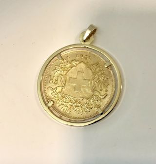 Vintage 1927 Swiss 22K Yellow Gold Helvetia 20 Franc Coin Pendant 18K Gold Bezel 7