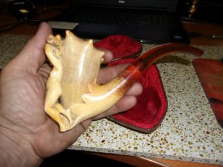 Antique Meerschaum Pipe W Carved Nude Godgess Butterscotch Bakelite Stem Case