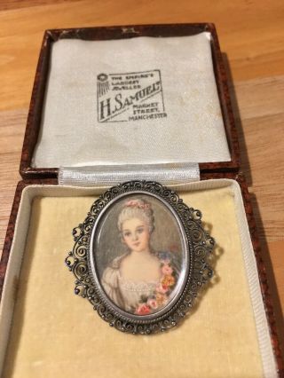 Rare Antique Continental Silver Filigree Hand - Painted Miniature Portait Brooch