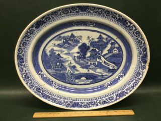 Antique Chinese Asian Large Porcelain Platter White And Blue