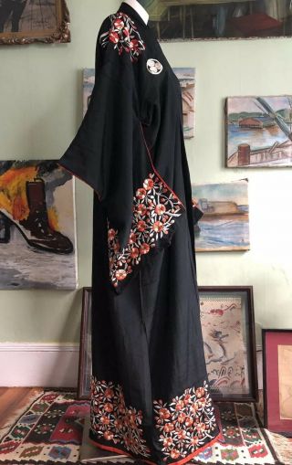 Vintage 1920s 30s Orange & White Embroidered Black Silk Kimono Robe Japanese Vtg