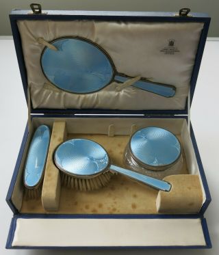 Vintage Sterling Silver Guilloche Mirror Brushes Vanity Set By Hardy Bros C.  1950