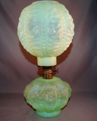 Antique Consolidated Beaded Drape Satin Eapg Apple Green Miniature Lamp