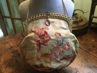 Antique French Aubusson Petit Point Tapestry Purse Bag W Amethyst Color Stone