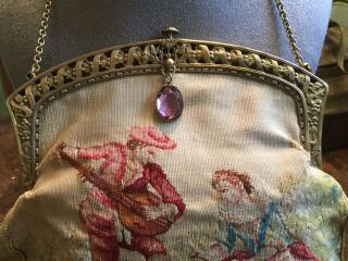 Antique French Aubusson petit point tapestry purse bag w Amethyst Color Stone 2