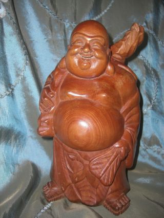 Vintage Chinese Wood Carving Happy Laughing Buddha Statue 8.  5 " High