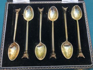 6 William Suckling Ltd Sterling Silver Fox Motif Spoons Cased Demitasse England