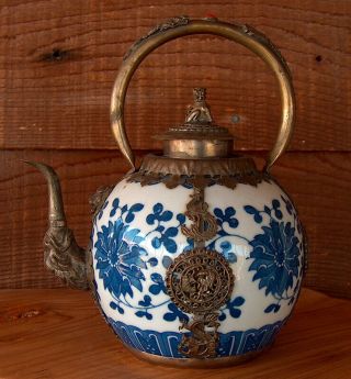 Antique Chinese Silver Foo Dog Dragon Blue White Coral Porcelain Teapot Kettle