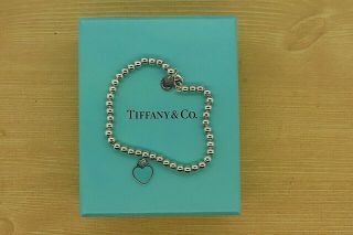 Authentic Silver Return To Tiffany & Co.  Blue Mini Heart Bead Ball Bracelet