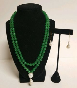 Vintage Jade 42 " Green Bead Necklace W/ 14k Solid Gold Baroque Pearl Earring Set