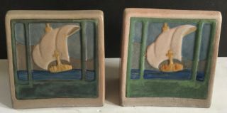 Marblehead Pottery Sailing Ships Bookends Rare Multi - Color 1900 