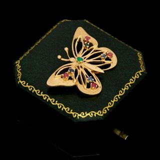 Antique Vintage Art Deco Mid Century 14k Gold Ruby Emerald & Sapphire Pin Brooch