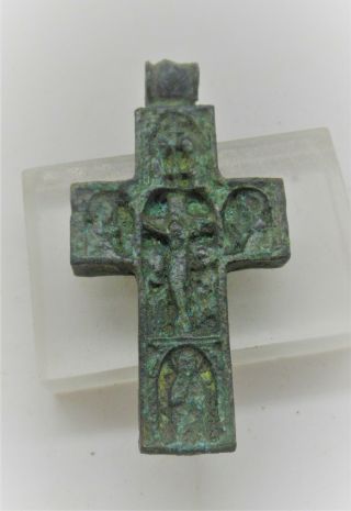 Ancient Byzantine Bronze Reliquary Cross Pendant Jesus Nailed To Cross Very Rare