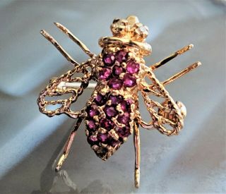 Vintage Signed 14k Yellow Gold Ruby & Diamond Bee Insect Pendant Brooch