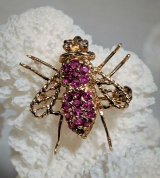 Vintage Signed 14K Yellow Gold Ruby & Diamond Bee Insect Pendant Brooch 2