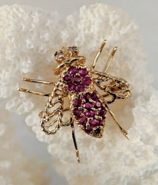 Vintage Signed 14K Yellow Gold Ruby & Diamond Bee Insect Pendant Brooch 3