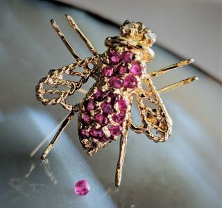 Vintage Signed 14K Yellow Gold Ruby & Diamond Bee Insect Pendant Brooch 5