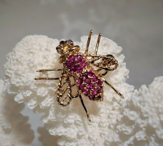 Vintage Signed 14K Yellow Gold Ruby & Diamond Bee Insect Pendant Brooch 6