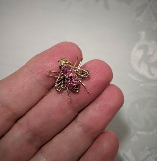 Vintage Signed 14K Yellow Gold Ruby & Diamond Bee Insect Pendant Brooch 7