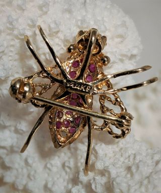Vintage Signed 14K Yellow Gold Ruby & Diamond Bee Insect Pendant Brooch 8