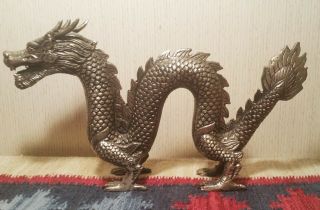 11 1/2 " Silver Dragon Vtg Brass Chinese Figurine Statue Table Art Bronze Scale