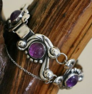 Vtg Mexico Silver Amethyst Max Art Deco Repousse Link Bracelet & Earrings 41 Grm