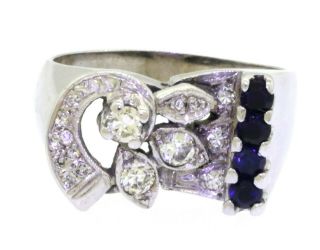 Vintage 14k White Gold 0.  94ct Vs Diamond And Blue Sapphire Floral Cocktail Ring