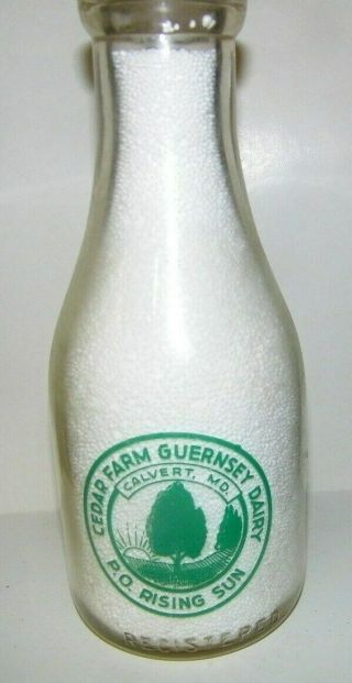 Vintage Milk Bottle Cedar Farm Guernsey Dairy Rising Sun Calvert,  Md Baby Milk
