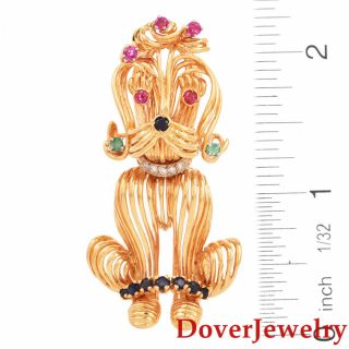 Vintage Diamond Ruby Sapphire Emerald 18K Gold Poodle Dog Pin 20.  3 Grams NR 4