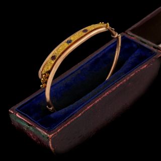 Antique Vintage Nouveau 14k Bi Gold Sapphire Ruby Wedding Hinged Bangle Bracelet