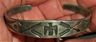 Antique C.  1920 Navajo Coin Silver Ingot Bracelet Arrow & Thunderbird Stamps Vafo