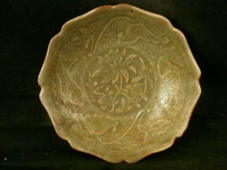 Chinese Ming Dy Longchun Green Glaze Porcelain Carp/lotus Plate E132