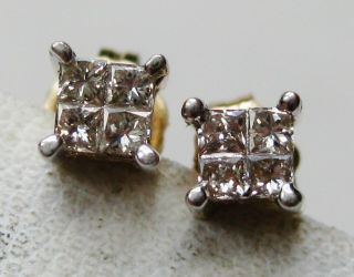 Fine Vintage 10k Gold Square Cut Diamond Pierced Stud Earrings