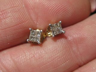 Fine Vintage 10k Gold Square Cut Diamond Pierced Stud Earrings 7