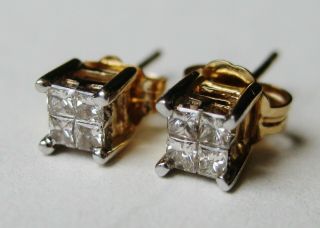 Fine Vintage 10k Gold Square Cut Diamond Pierced Stud Earrings 8