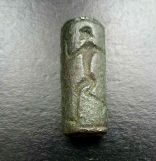 Ancient Persian Bronze Intaglio Cylinder Seal Bead Hunter & Antelope C 500 Bc