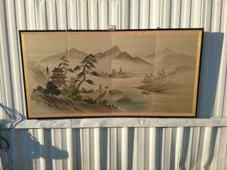 Vintage Byobu 4 Panel Folding Screen Mountain Scene Signed