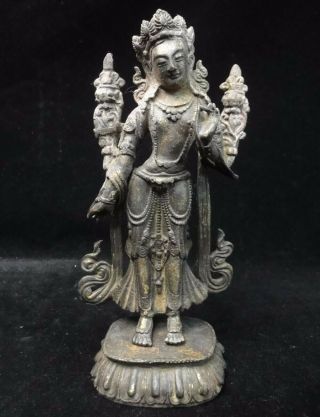 Very Old Chinese Bronze " Guanyin " Buddha Statue Standing On The Lotus