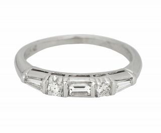 Vintage Estate Platinum 0.  36ctw Baguette Round Cut Diamond Wedding Band Ring