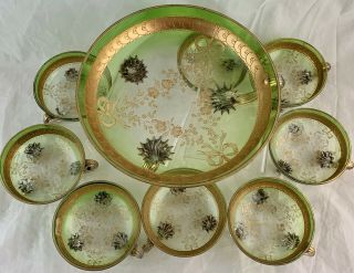 Antique Moser Bohemian Art Glass Bowl Set 9 Green Gold Bow/ribbon Rose Garland