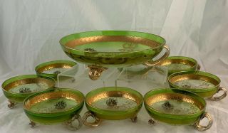 ANTIQUE MOSER BOHEMIAN ART GLASS BOWL SET 9 GREEN GOLD BOW/RIBBON ROSE GARLAND 5